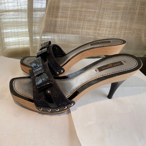 Louis Vuitton Mules BLACK monograM MINI LIN GRENADINE leather 37 heels PLATFORM - Picture 3 of 10